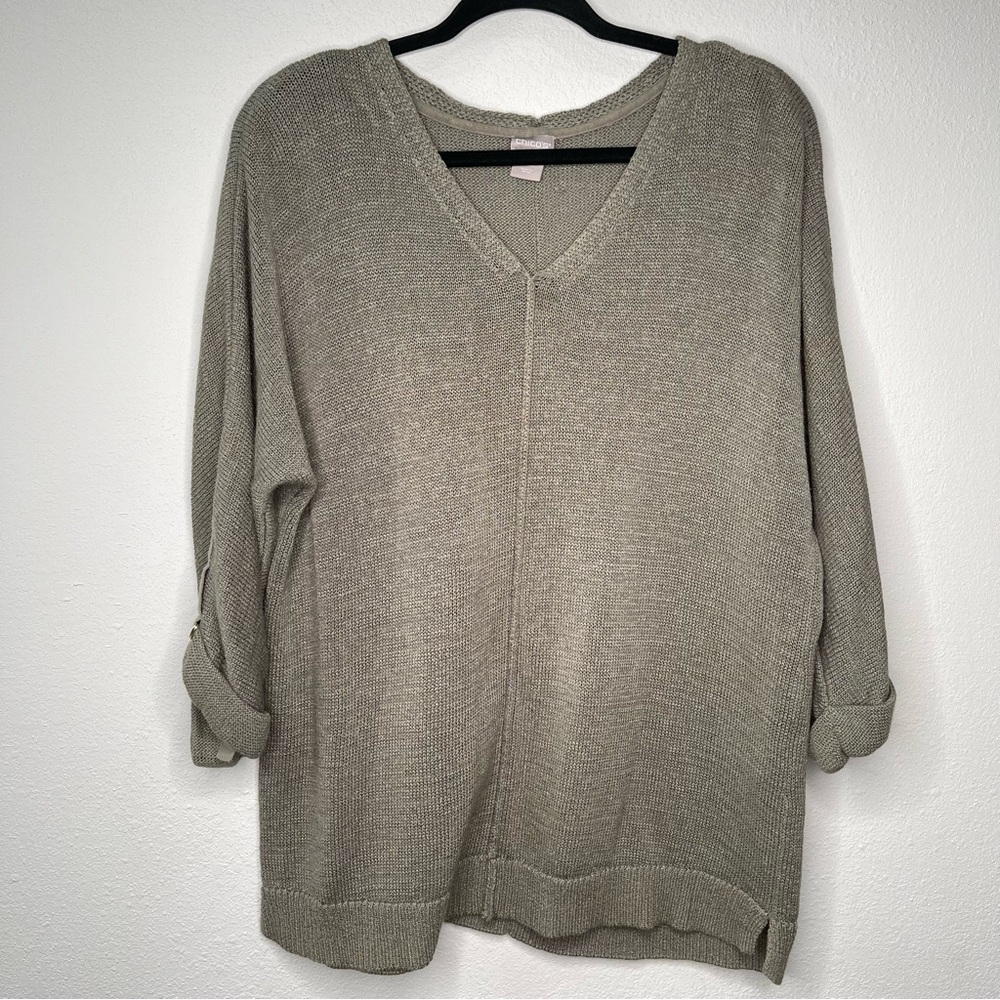 Chicos Olive Green Dolman Rolled Tab Sleeve Pullover Cotton Blend Sweater Size 2